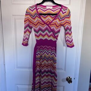 Chevron Wrap-Style Midi Dress in Magenta and Multi